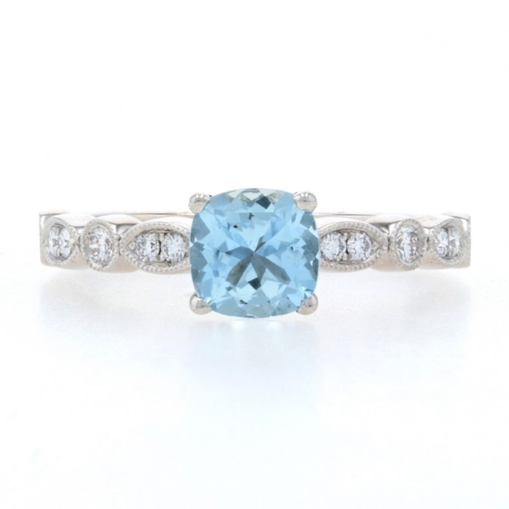 White Gold Aquamarine & Diamond Engagement Ring 14k Cushion Cut 1.07ctw